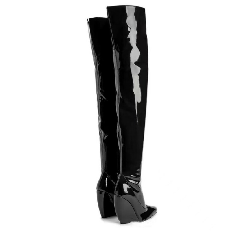 Brand Slope Heel Black White Over The Knee Boots Fashionable European American Style Walk Show Party Women's Shoes Size 34-43