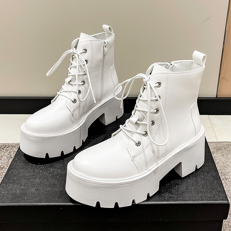 Black Chunky Platform Ankle for Women 2023 Spring Thick Bottom Lace Up Shoes Woman Retro White Pu Leather Short Boots