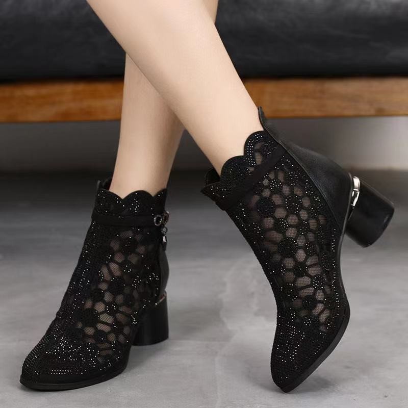 Leather Women Mesh Boots Rhie Summer Shoes Pointed Toe Ankle Botas Thick Heel Hollow Out Back Zip 2023 d35a