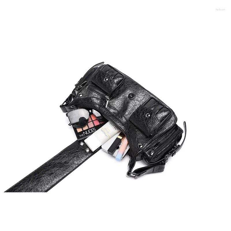 Totes Trend Sexy Girl Retro Biker Shoulder Bag Fashion Multi-pocket Crossbody Cool Long Belt Design Handbag Women's Purse