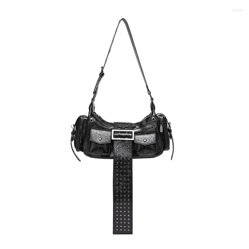 Totes Trend Sexy Girl Retro Biker Shoulder Bag Fashion Multi-pocket Crossbody Cool Long Belt Design Handbag Women's Purse