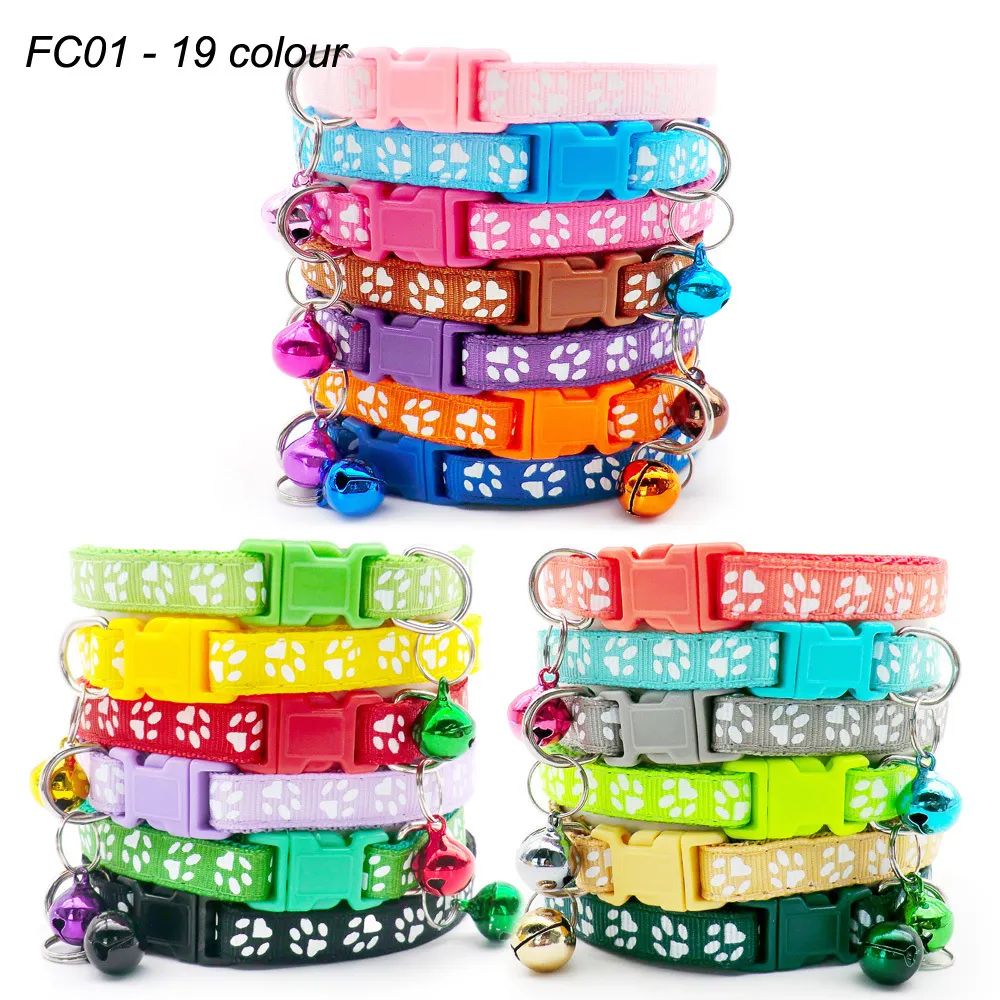Wholesale 100 X Dog Collar With Bell For Dog Adjustable Collar Pet Product Accessories Buckles Pet ID Tag Cat Paw Puppy Collar 201030 LL