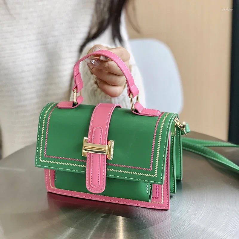 Totes Contrast Color Pu Leather Crossbody Bag For Women Designer Handbag And Purse Top Brand Shoulder Small Tote Green