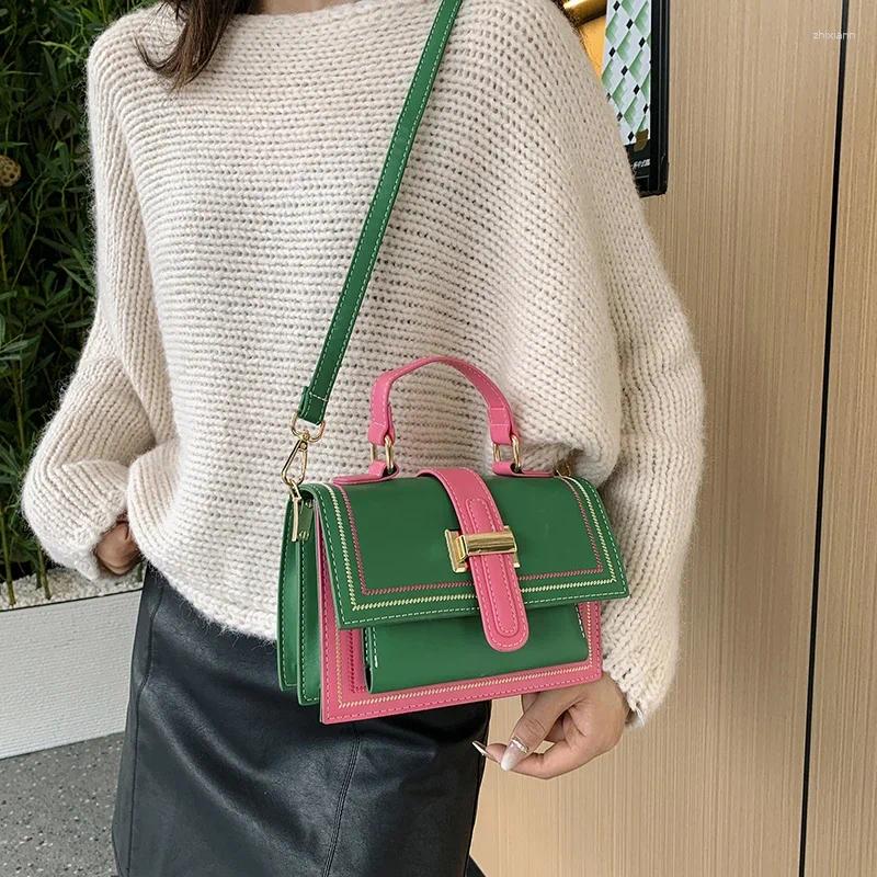 Totes Contrast Color Pu Leather Crossbody Bag For Women Designer Handbag And Purse Top Brand Shoulder Small Tote Green