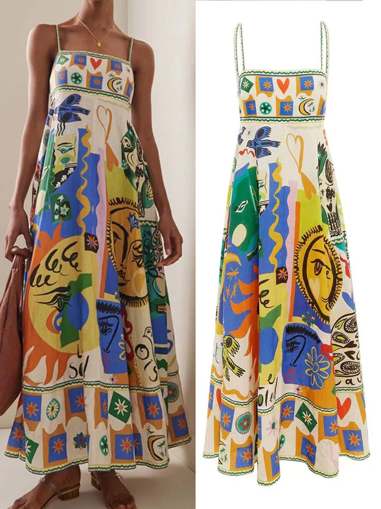 dress basic casual dresses elegant print colorful long dress women high waist spaghetti straps backless sexy aline ladies summer beach vaction robe de