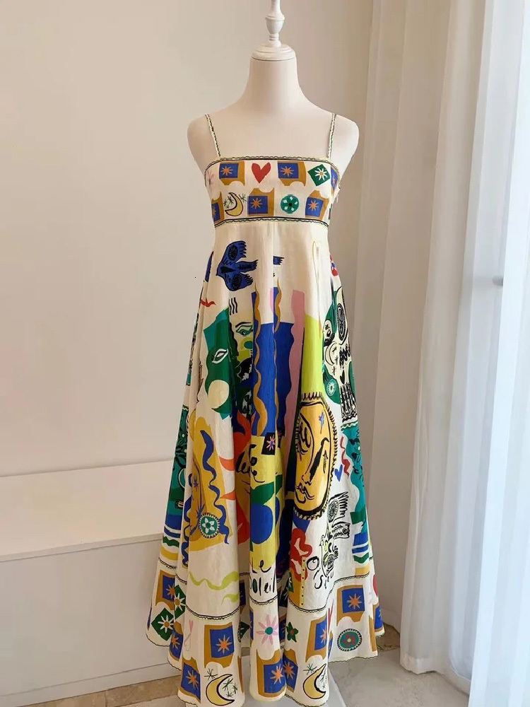 dress basic casual dresses elegant print colorful long dress women high waist spaghetti straps backless sexy aline ladies summer beach vaction robe de