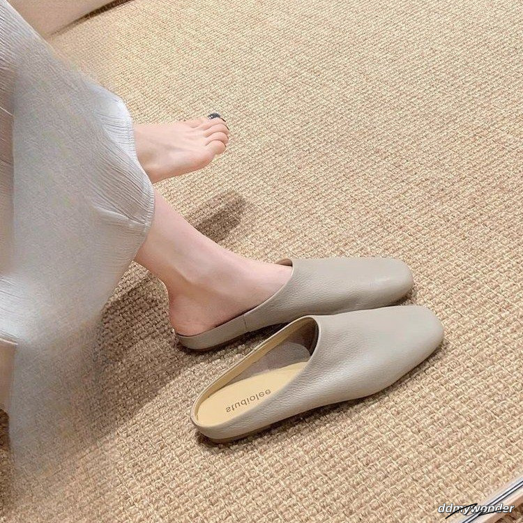 The 2025 New Style Of Cowhide Women's Closed Designer Beach Sandals Half For Outdoor Wear Fairy-Like Flat Slippers On Mules ddmywonder ddmywonder