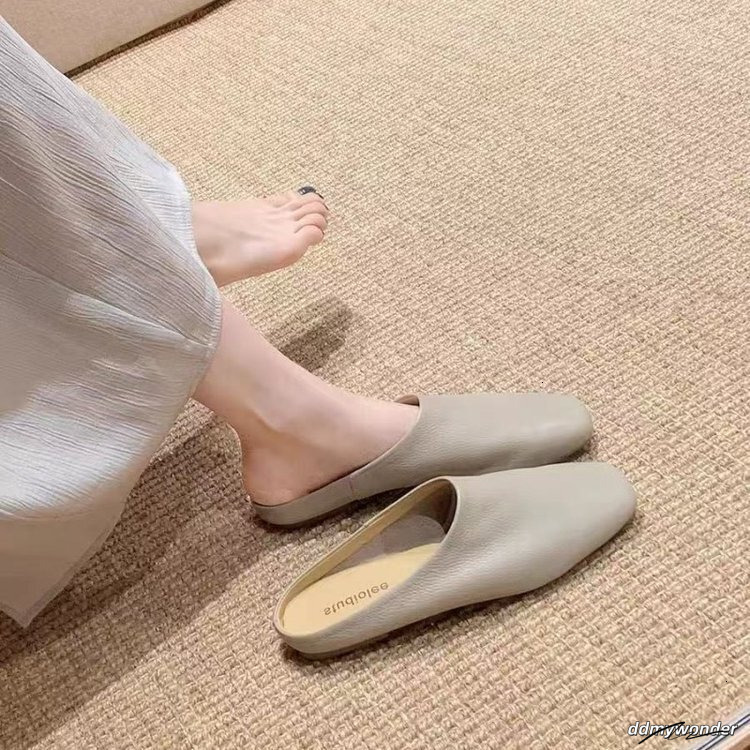 The 2025 New Style Of Cowhide Women's Closed Designer Beach Sandals Half For Outdoor Wear Fairy-Like Flat Slippers On Mules ddmywonder ddmywonder