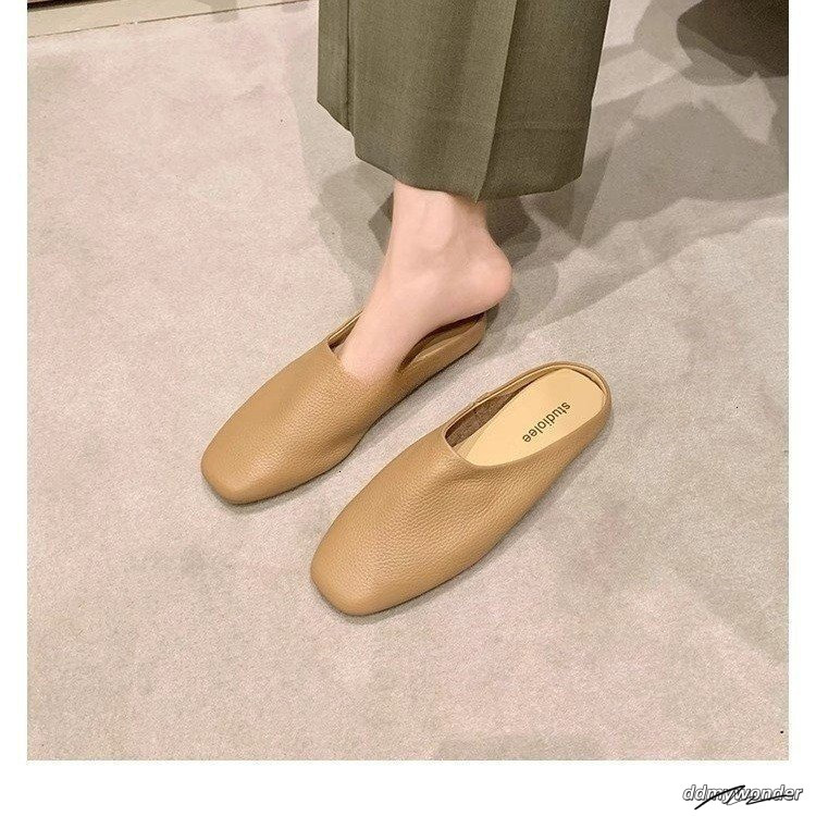 The 2025 New Style Of Cowhide Women's Closed Designer Beach Sandals Half For Outdoor Wear Fairy-Like Flat Slippers On Mules ddmywonder ddmywonder