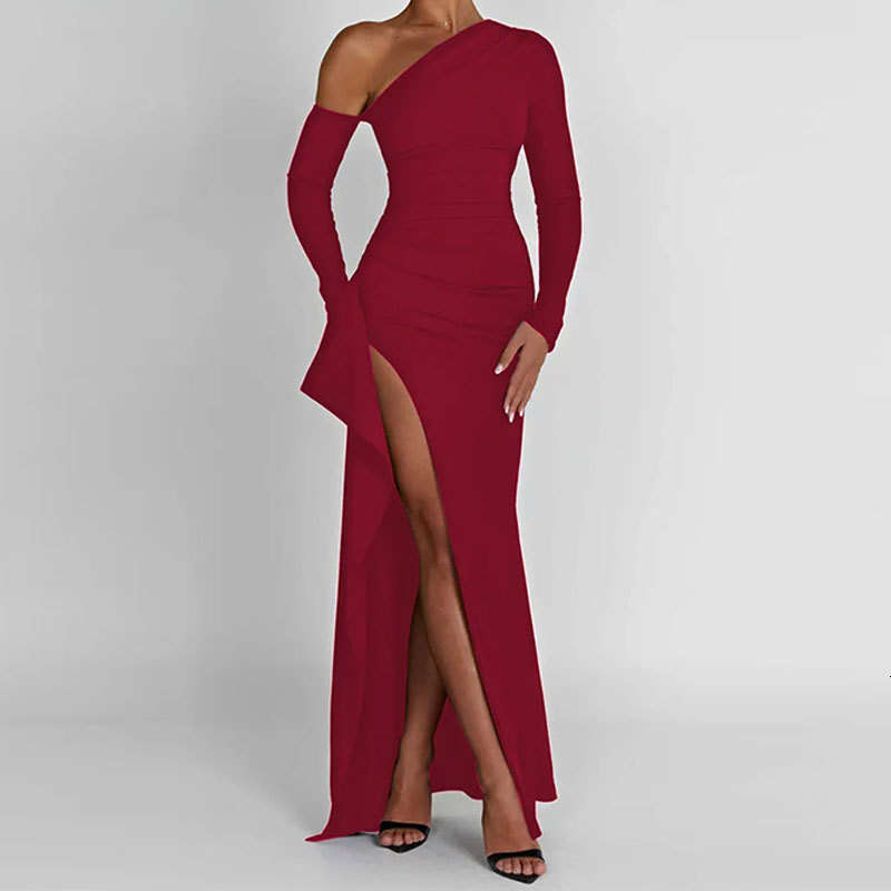 Spring New Women's Trend Solid Color Sexy Sloping Shoulder Waist Slit Fashion Dress 661 KLMY