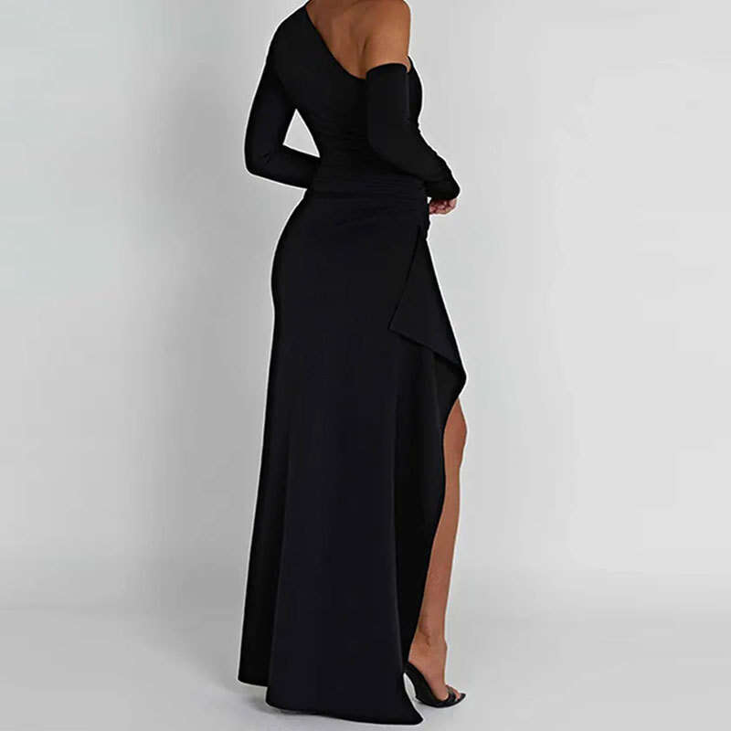 Spring New Women's Trend Solid Color Sexy Sloping Shoulder Waist Slit Fashion Dress 661 KLMY