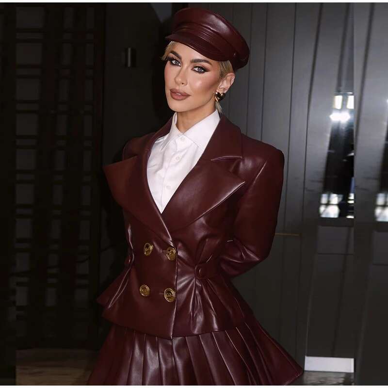 Vintage Bury Leather Long Sleeve Lapel Button Coat High Waist Pleated Sets 2024 Lady Mini Skirt Retro Fashin Suit
