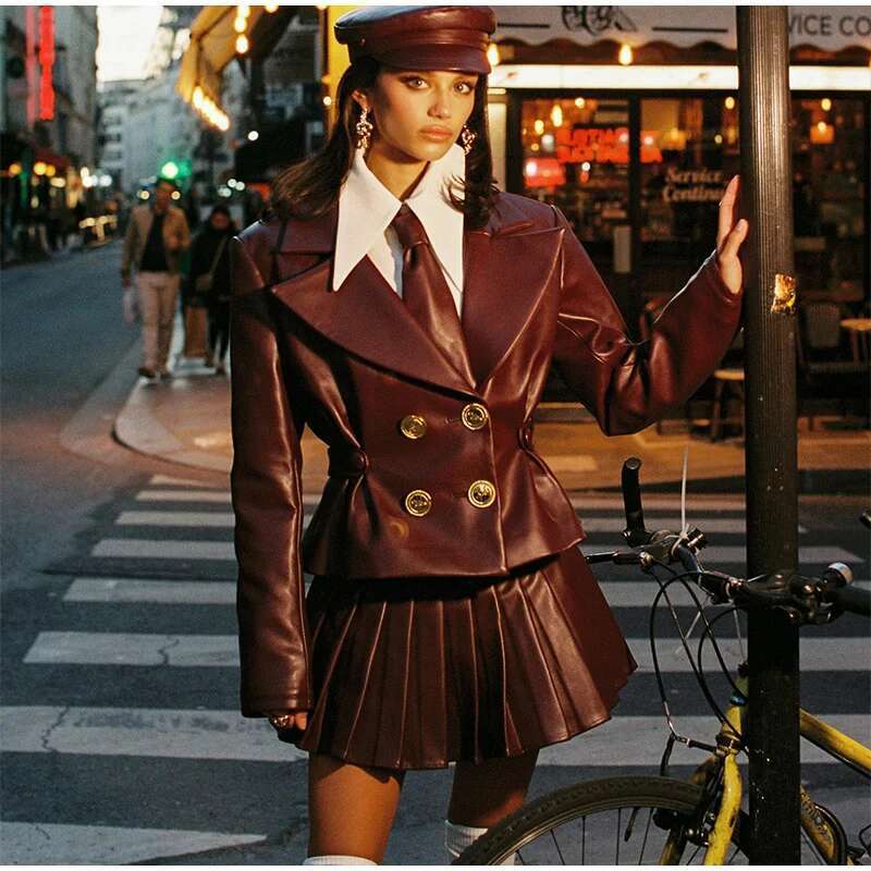 Vintage Bury Leather Long Sleeve Lapel Button Coat High Waist Pleated Sets 2024 Lady Mini Skirt Retro Fashin Suit