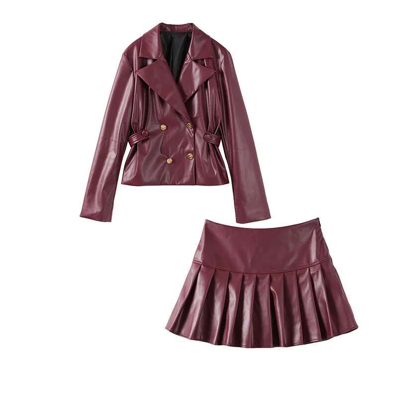 Vintage Bury Leather Long Sleeve Lapel Button Coat High Waist Pleated Sets 2024 Lady Mini Skirt Retro Fashin Suit