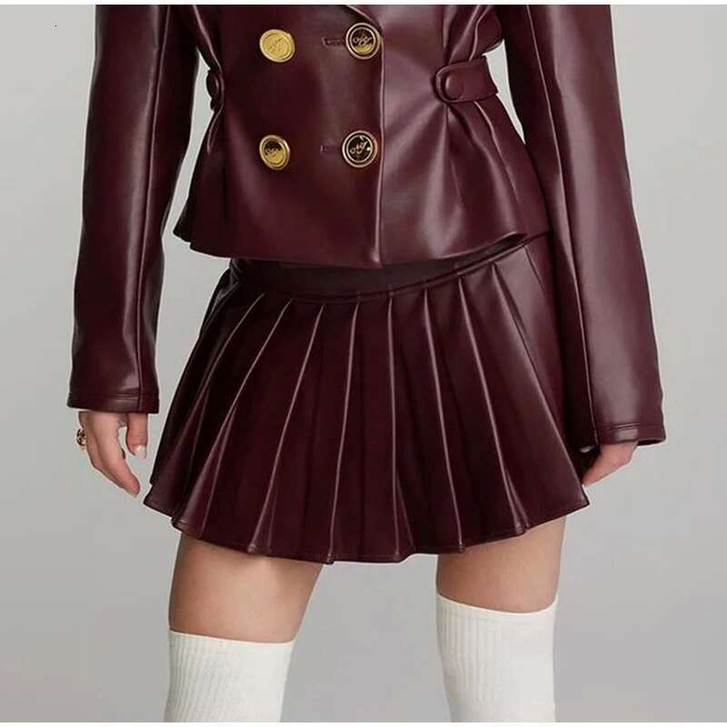 Vintage Bury Leather Long Sleeve Lapel Button Coat High Waist Pleated Sets 2024 Lady Mini Skirt Retro Fashin Suit