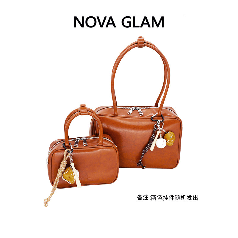 Bowling Briefcase Brown Cowhide Women's Shoulder Crossbody Niche Design Fashion Bag