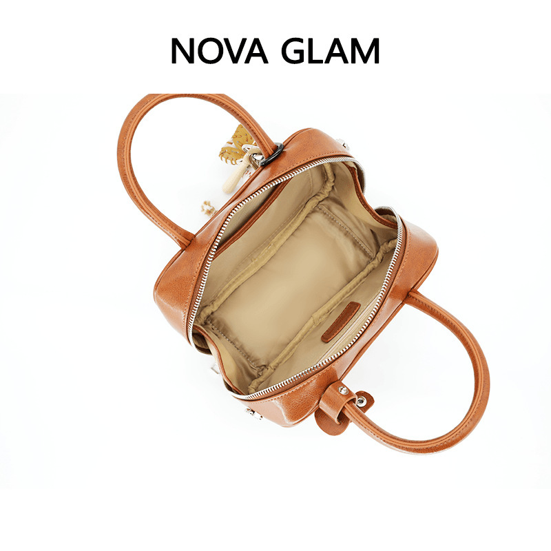 Bowling Briefcase Brown Cowhide Women's Shoulder Crossbody Niche Design Fashion Bag