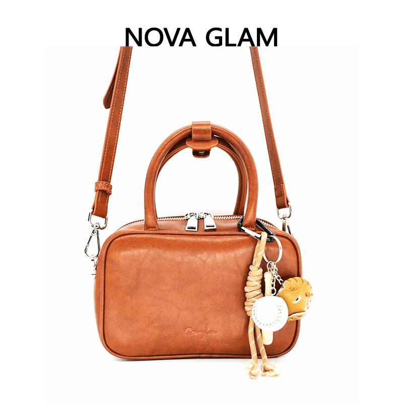 Bowling Briefcase Brown Cowhide Women's Shoulder Crossbody Niche Design Fashion Bag