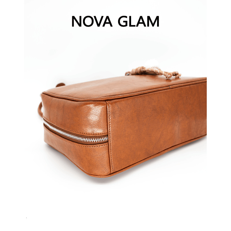 Bowling Briefcase Brown Cowhide Women's Shoulder Crossbody Niche Design Fashion Bag