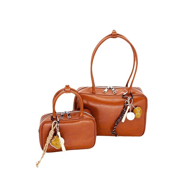 Bowling Briefcase Brown Cowhide Women's Shoulder Crossbody Niche Design Fashion Bag