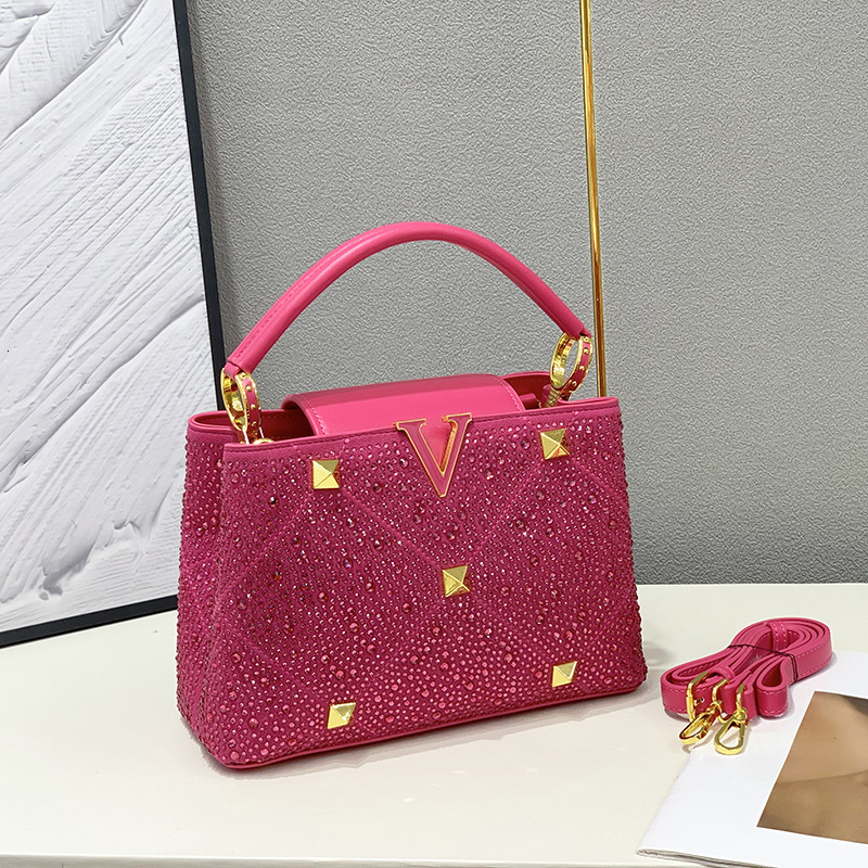 Handbag 2024 New Women's Rivet Hot Diamond Chain Bag Single Shoulder Crossbody Bright Color Versatile