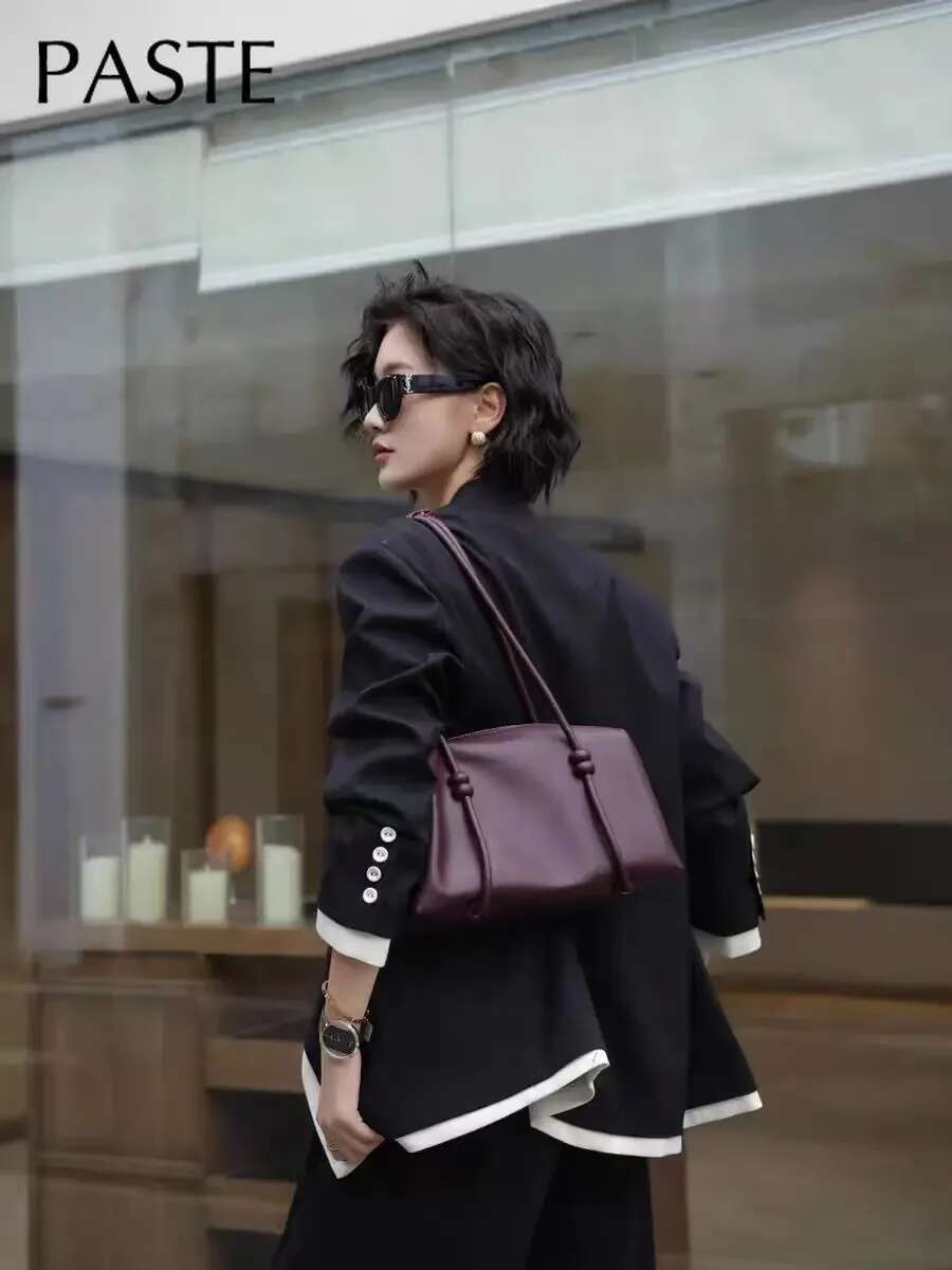 Vintage Simple Long-Handle Easy To Wear Women Tote Wine Red Genuine Cow Leather Female Shoulder Bag Rope Strap Travel Handbag