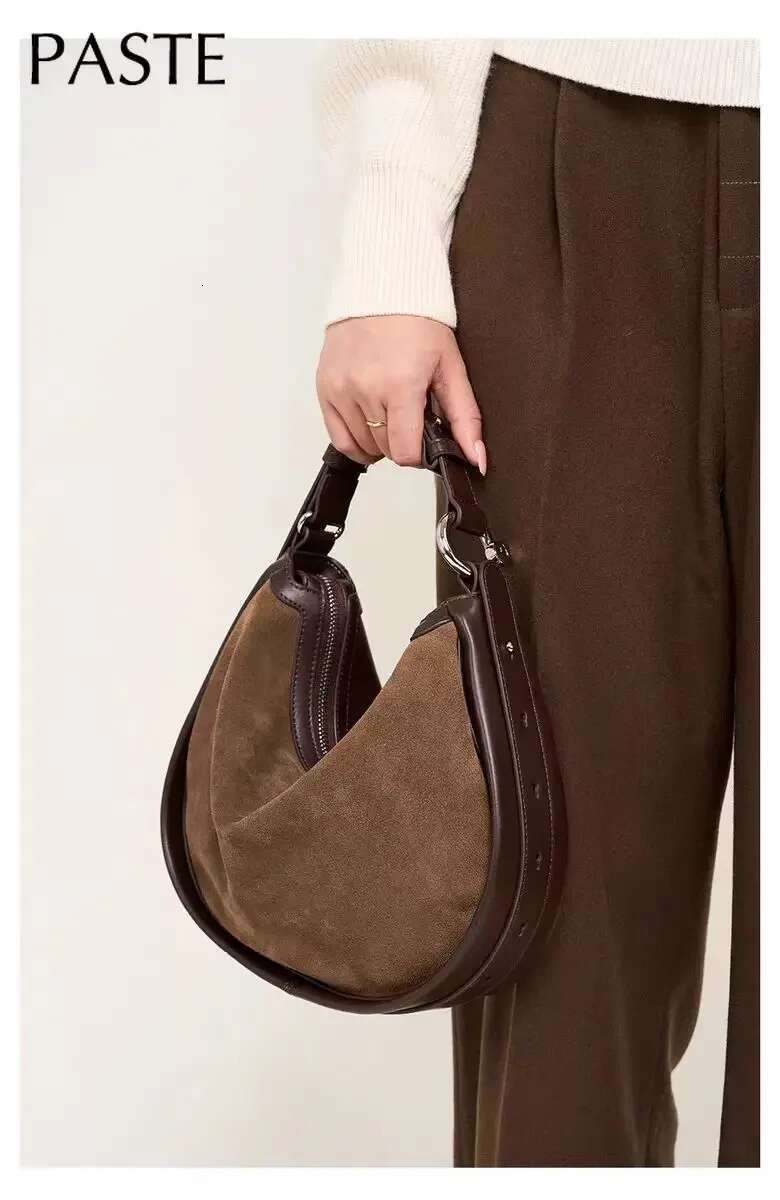 New Genuine Suede Frosted Leather Women's Handbag Shoulder Fashionable And Simple Crescent Bag Coffee
