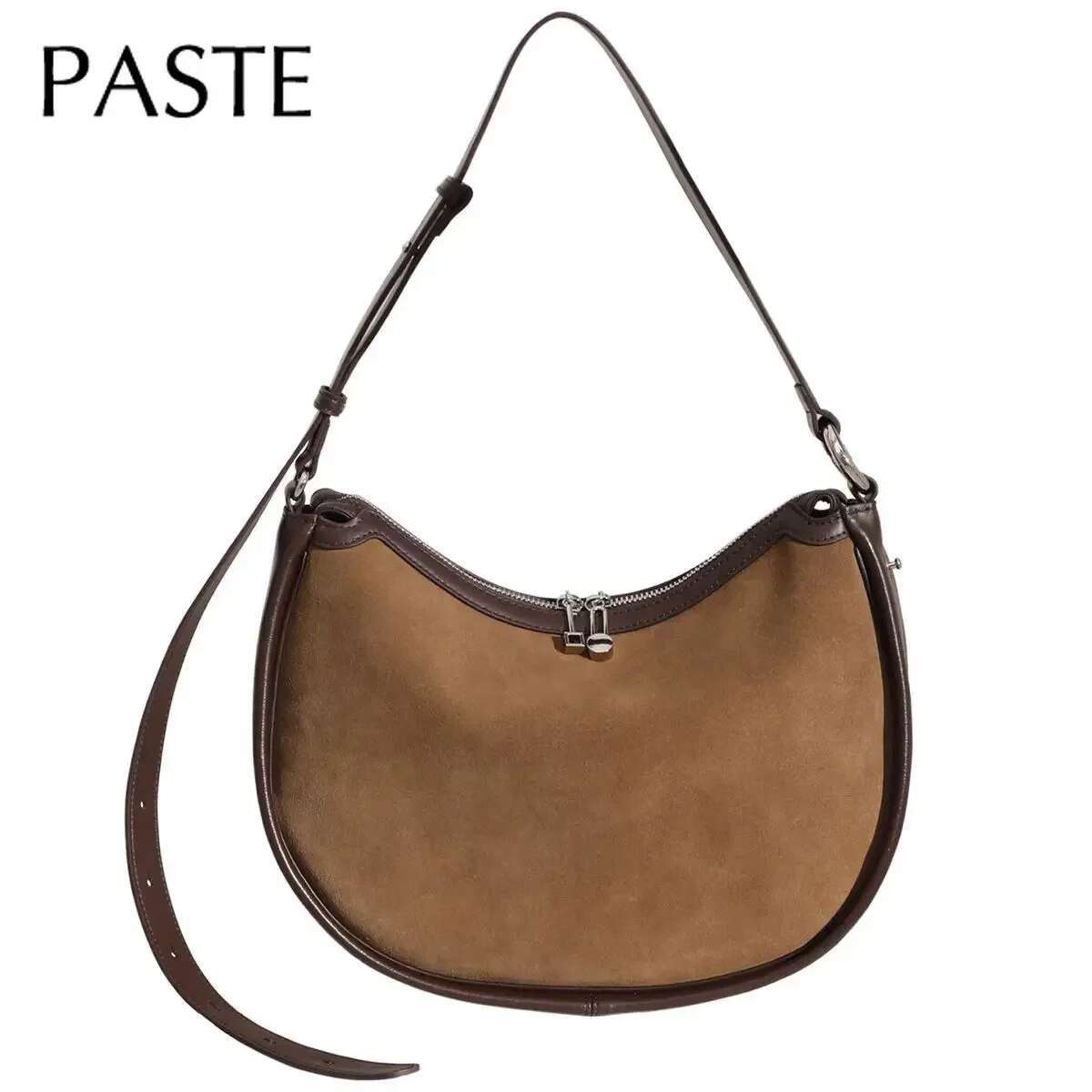 New Genuine Suede Frosted Leather Women's Handbag Shoulder Fashionable And Simple Crescent Bag Coffee