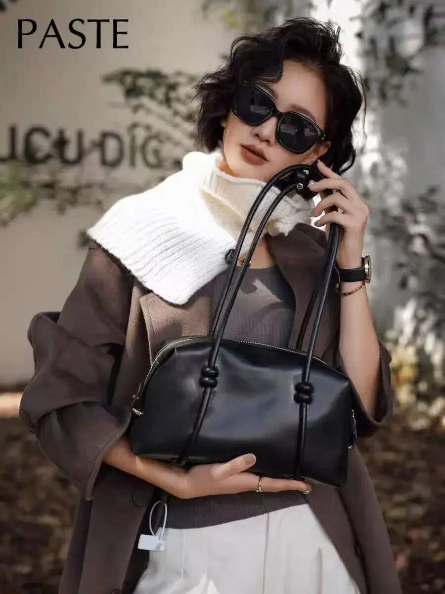 Vintage Simple Long-Handle Easy To Wear Women Tote Wine Red Genuine Cow Leather Female Shoulder Bag Rope Strap Travel Handbag