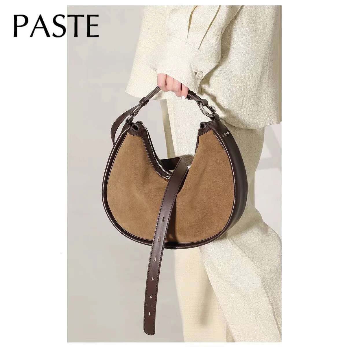 New Genuine Suede Frosted Leather Women's Handbag Shoulder Fashionable And Simple Crescent Bag Coffee