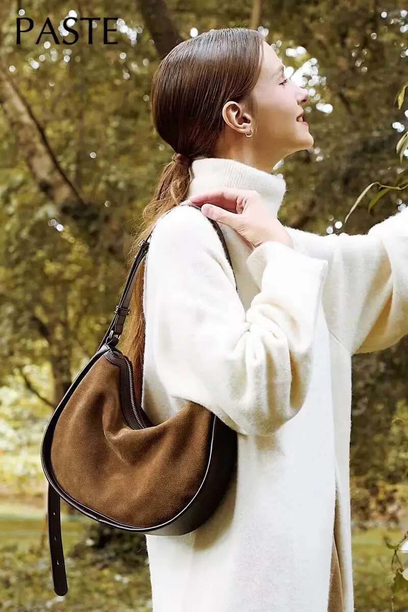 New Genuine Suede Frosted Leather Women's Handbag Shoulder Fashionable And Simple Crescent Bag Coffee