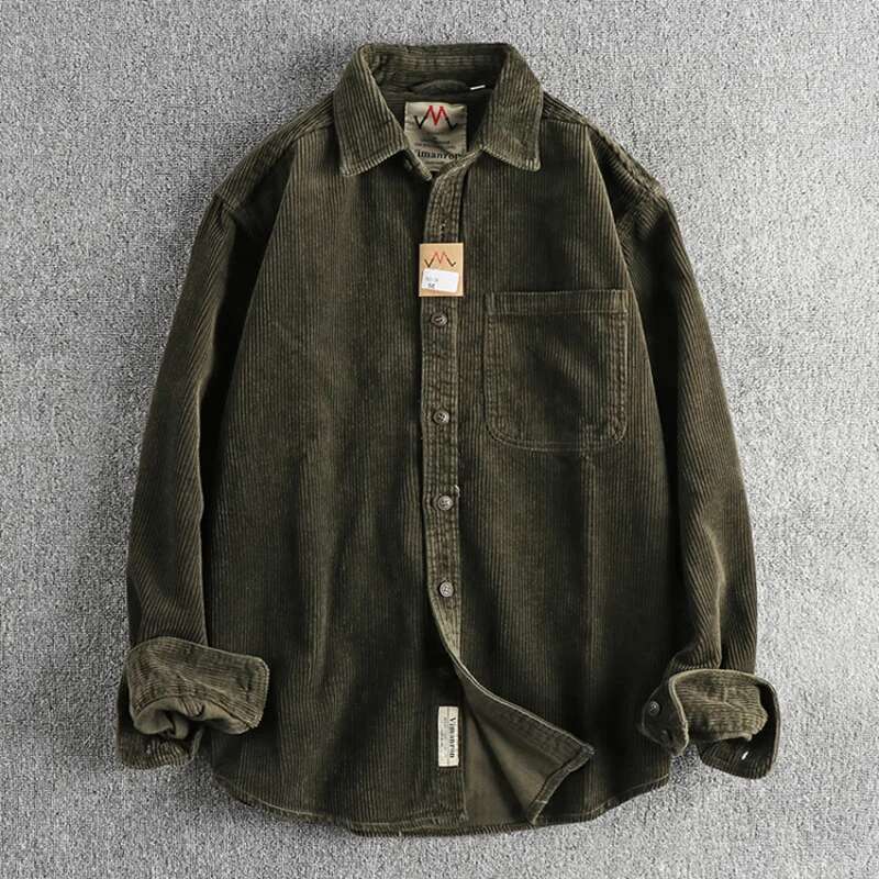 Cotton Corduroy Wash Long Sleeve Men's American Khaki Trend Single Pocket Shirt Coat