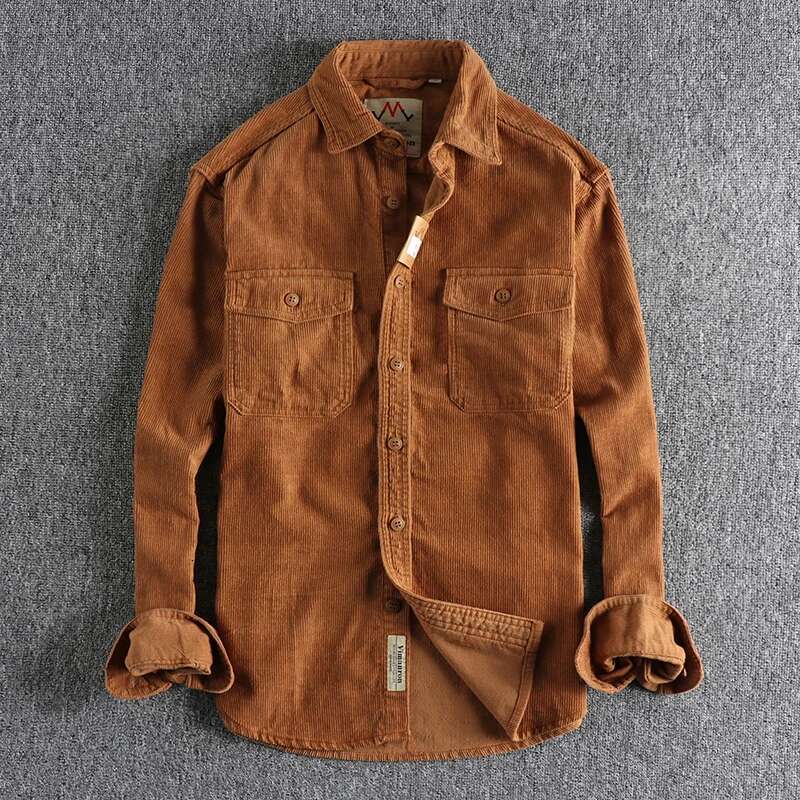 Vintage Washed Corduroy Long-Sleeved Men's Simple And Loose-Fitting Winter Thick-Style Shirt Coat