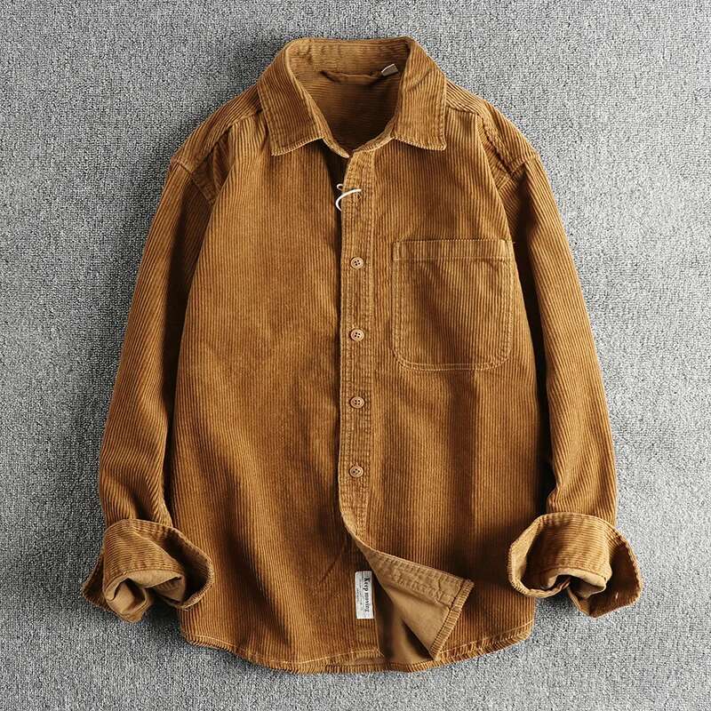 Cotton Corduroy Wash Long Sleeve Men's American Khaki Trend Single Pocket Shirt Coat