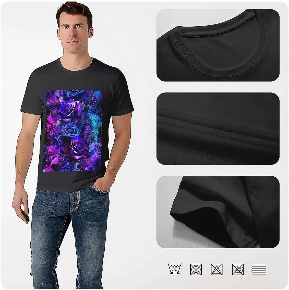 T shirt for Mens Mens Novelty T-Shirts Graphic 2D Print Summer Short Sleeve Abstract Purple Roses Gothic Shirts Tshirt Graphic Tee Casual Tops Clothes