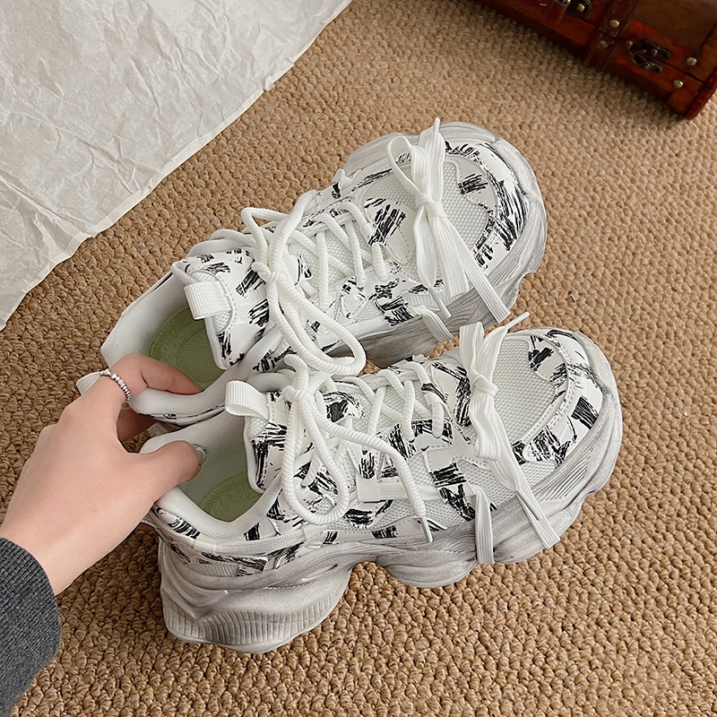 Old Dad Shoes Men's Black Warrior Little Black Shoes Graffiti Thick Sole Heightening Couple Fashion Brand Casual Men's Shoes Fashion Shoes