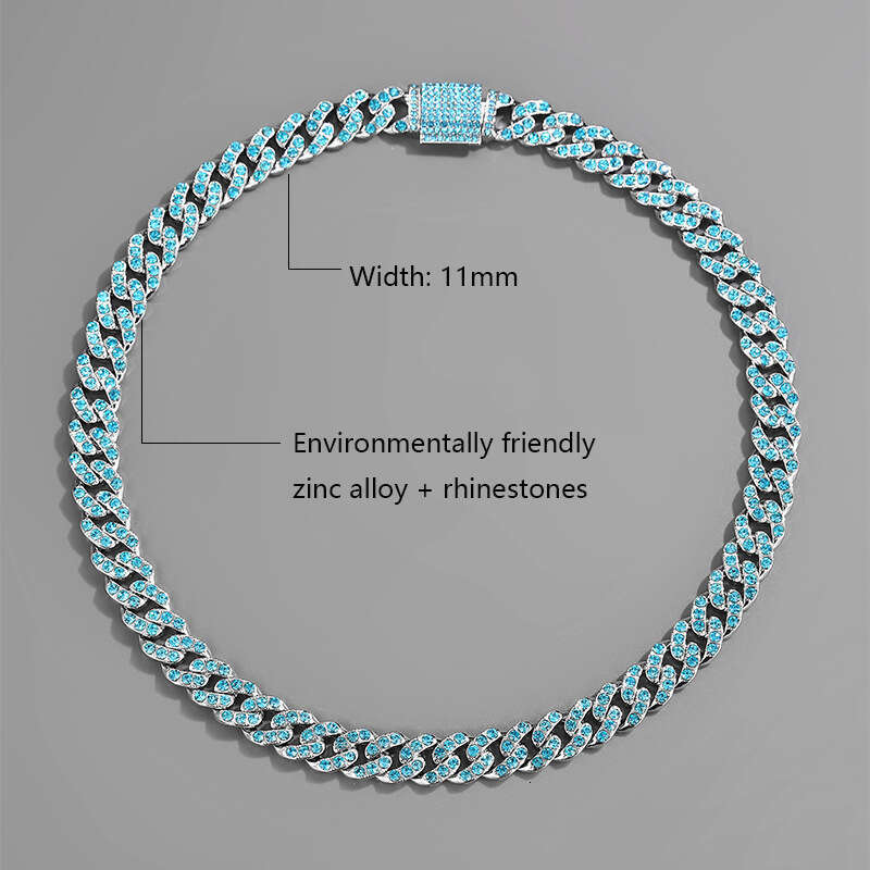 Hot Item Hip-Hop Men's Ocean Blue Full Dia Cuban Chain 11mm Fashion Box Clasp Necklace Accessories