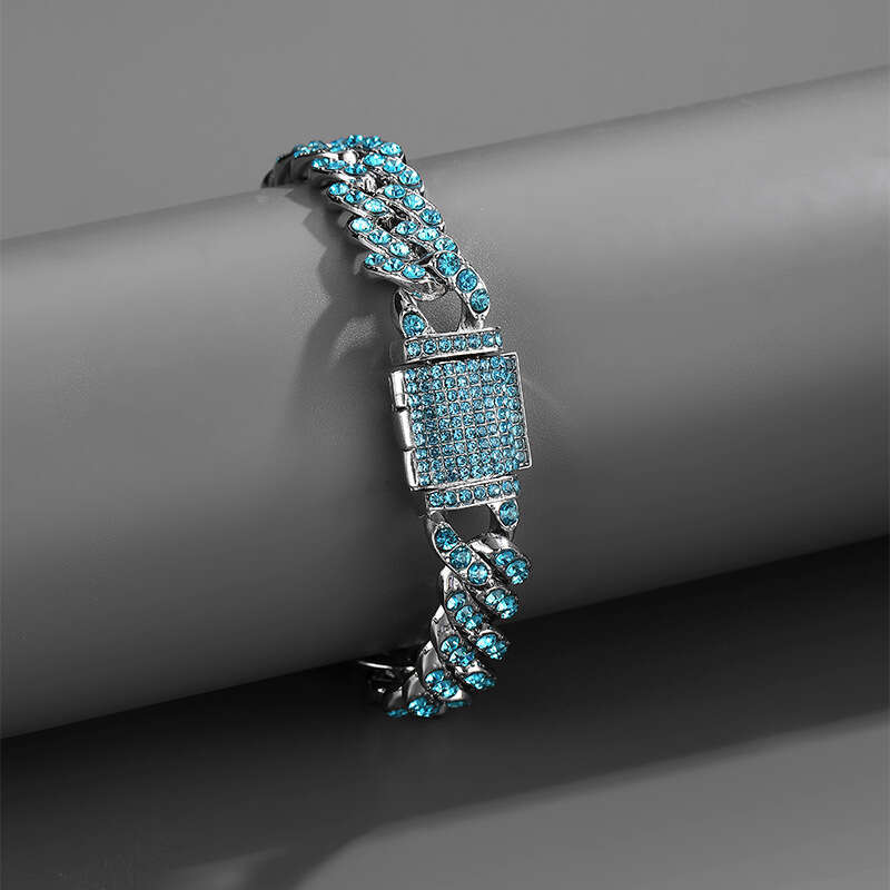 Hot Item Hip-Hop Men's Ocean Blue Full Dia Cuban Chain 11mm Fashion Box Clasp Necklace Accessories