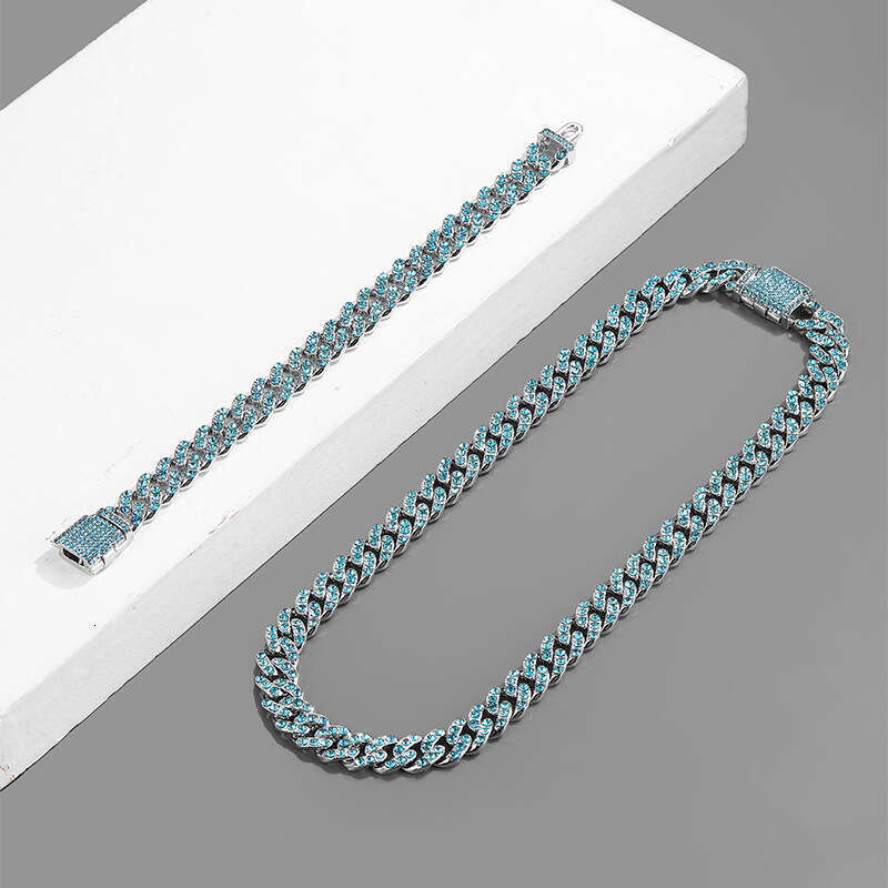 Hot Item Hip-Hop Men's Ocean Blue Full Dia Cuban Chain 11mm Fashion Box Clasp Necklace Accessories