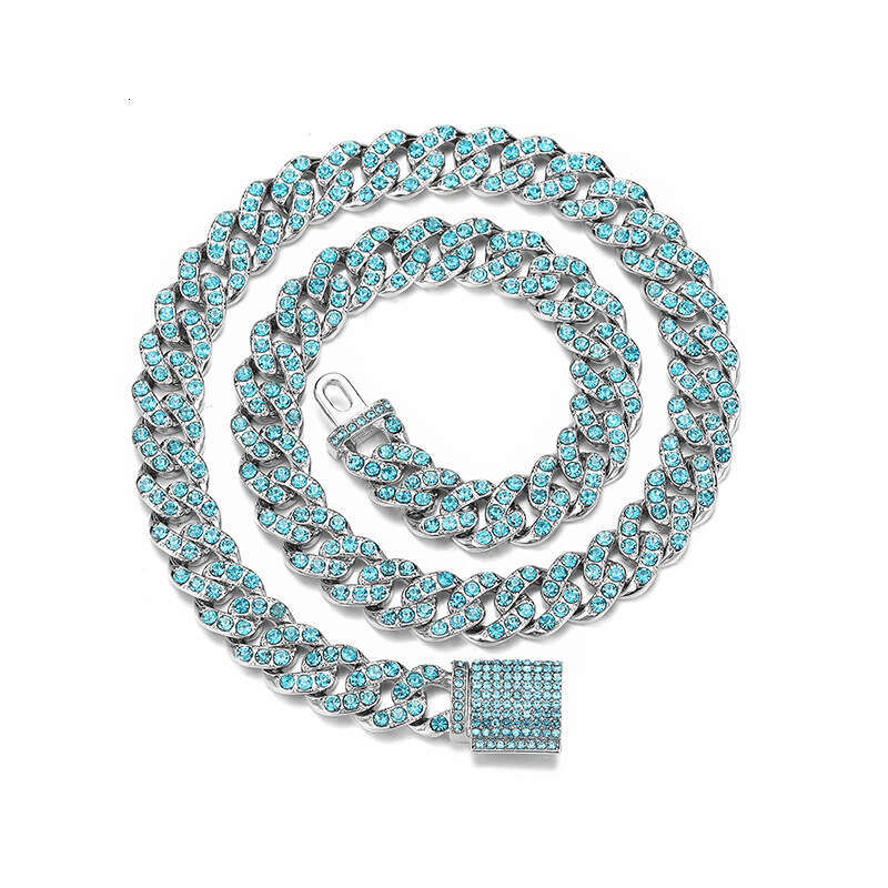 Hot Item Hip-Hop Men's Ocean Blue Full Dia Cuban Chain 11mm Fashion Box Clasp Necklace Accessories