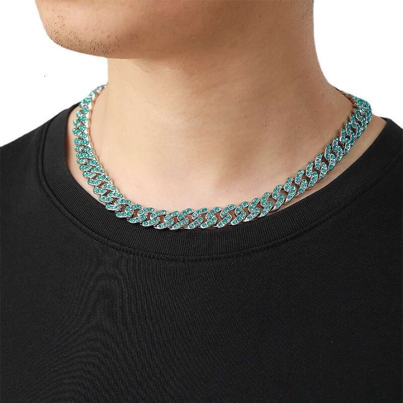 Hot Item Hip-Hop Men's Ocean Blue Full Dia Cuban Chain 11mm Fashion Box Clasp Necklace Accessories