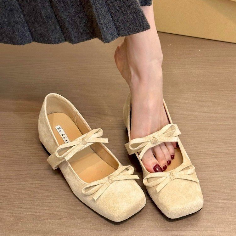 2025 Designer shoes Internally raised square toe ballet women's singles shoes 2025 new Korean version fashionable French bow fairy style Mary Jan