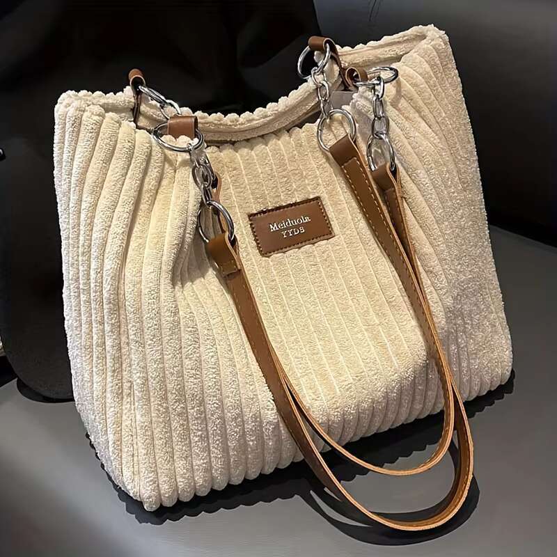 Women's Bags Women Corduroy Bag, Solid Color Handbag, Fixed Shoulder Strap, Large Capacity Simple Multifunctional Design Casual