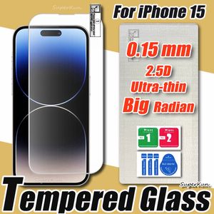 Protector de pantalla de vidrio templado de alta gama ultra delgado de 0.15 mm para iPhone 15 14 13 12 11 Pro Max 8 7 6 Plus SE2 SE3 Película de engrasación de plasma de arco Super Big con bolsa OPP
