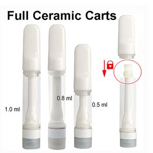 Chariots entièrement en céramique de 0,5 ml Cartouches de vape de 1,0 ml E-cigarette Réservoir en verre vide Vaporisateur à bobine en céramique 2 trous Fil 510 Appuyez sur les chariots sans plomb Atomiseurs d'huile épaisse