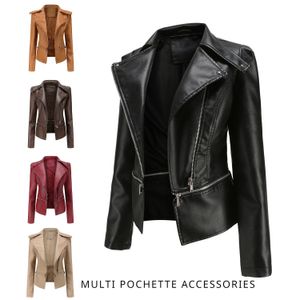 Veste en simili cuir pour femme, accessoires multi-pochettes, mode printemps et automne, manteau décontracté, 0C448m40