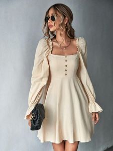 Robe à manches bouffantes et longues pour femme, jupe trapèze française, rétraction de la taille, bord à volants, personnalisation Premium BJ, automne 0C62N658