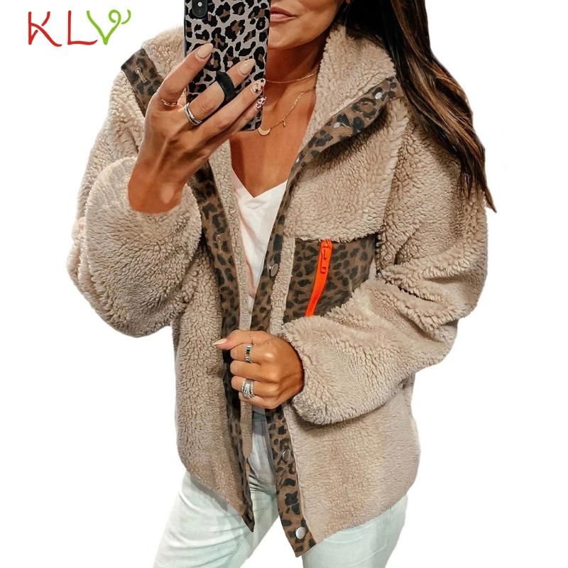 Giacca invernale da donna con stampa leopardata in pile con risvolto a maniche lunghe giacca da donna