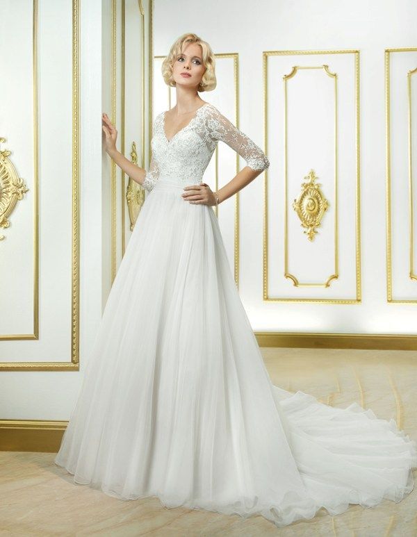 Wholesale Три четверти рукавом тюль-Line V шеи цветочные аппликации 2015 Cosmobella 7723 свадебные платья свадебные платья 1210, Free shipping