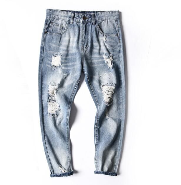 spring and summer new nine-point trousers men's worn-out jeans men's slim ankle trousers, Blue
spring and summer new nine-point trousers men's worn-out jeans men's slim ankle trousers, Blue